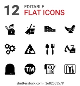 12 work filled icons set isolated on white background. Icons set with graphic designer, Cleaning service, brickwork, cogwheel, construction works, Toys making, Future technology icons.