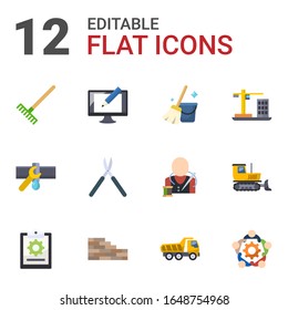 12 work flat icons set isolated on white background. Icons set with Rake, Digital illustration, Cleaning service, Plumbing service, Gardening scissors, Construction, project icons.