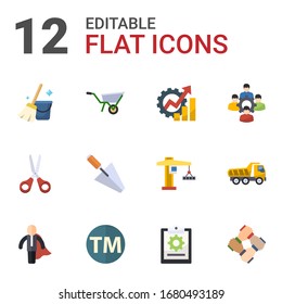 12 iconos planos de trabajo establecidos aislados en fondo blanco. Iconos establecidos con servicio de limpieza, Wheelbarrow, Productividad, Tijeras, trowel, colega, héroe de negocios, Marca comercial, íconos del proyecto.