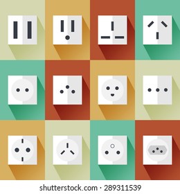 12 world wide electric plug vector flat icons