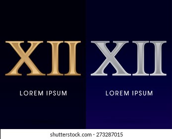 12, XII ,Luxury Gold and Silver Roman numerals, sign, logo, symbol, icon, graphic, vector.