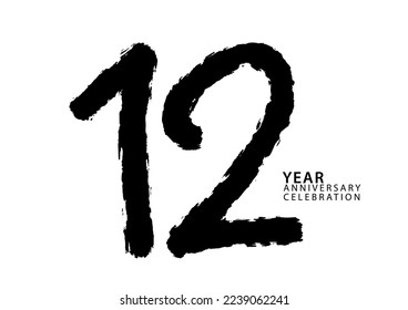 12 year anniversary celebration black color logotype vector, 12 number design, 12th Birthday invitation, logo number design vector illustration, black brushstroke illustration