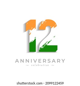 12 Year Anniversary Celebration with Brush White Slash in Yellow Saffron and Green Indian Flag Color. Happy Anniversary Greeting Celebrates Event Isolated on White Background