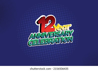 12 year anniversary celebration fun style logotype. anniversary logo with red, purple and blue color isolated on red background, vector design for celebration, invitation and greeting card - Vector