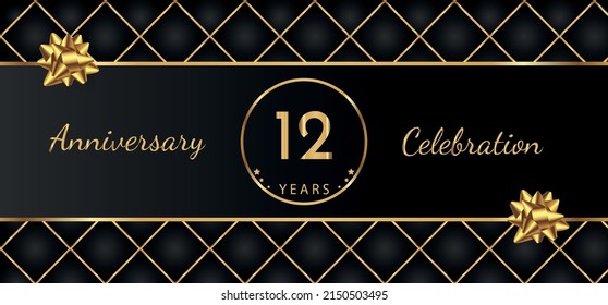 12 Year Anniversary Celebration with Gold Bow for Celebration Events, Wedding, greeting card, birthday party, and Invitation Isolated on Black Background. 12 Years Anniversary Logotype Vector