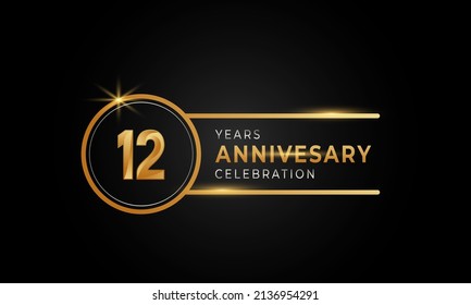 12 Year Anniversary Celebration Golden and Silver Color with Circle Ring for Celebration Event, Wedding, Greeting card, and Invitation Isolated on Black Background