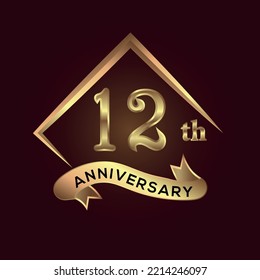 12 year anniversary celebration. Anniversary logo with square and elegance golden colour isolated on red background, vector design for celebration, invitation card, and greeting card