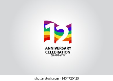 12 year anniversary celebration logotype with white number Emboss Style isolated on LGBT Colorful Flag on white grey background for invitation card, banner or flyer - vector