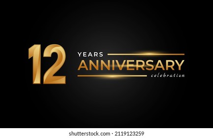 12 Year Anniversary Celebration with Shiny Golden and Silver Color for Celebration Event, Wedding, Greeting card, and Invitation Isolated on Black Background