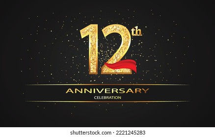 12 Year Anniversary celebration Vector Design with red ribbon and glitter. 12th Anniversary celebration. Gold Luxury Banner of 12th Anniversary. celebration card