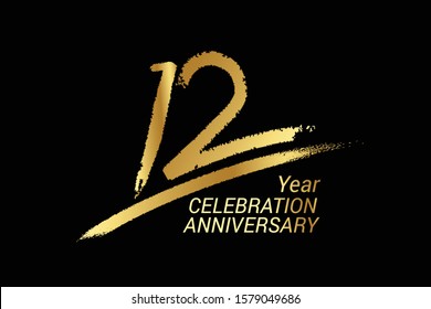 12 year anniversary chalk, golden ink Style , minimalist logo. years, jubilee, greeting card. Birthday invitation sign. Black space vector illustration on white background - Vector