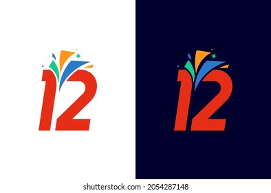 12 year anniversary firework logo design. Number celebration with colorful spark. Simple icon for carnival or festival
