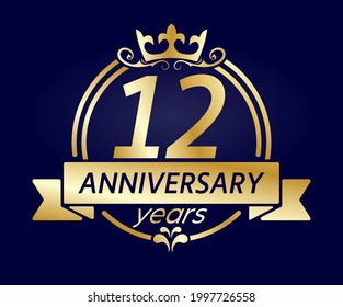 12 year anniversary. Gold round frame with crown and ribbon. Vector illustration for birthday, wedding or anniversary greetings, for creative design. Simple style.