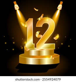 
12 year Celebration Golden Award Graphics Background. Entertainment Spot Light Hollywood Template Luxury Premium Corporate Abstract Design Template Banner Certificate.
