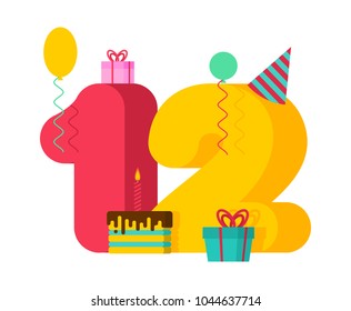 12 year greeting card Birthday. 12th anniversary celebration Template. twelve number and festive piece of cake with candle. Balloon and Gift box.