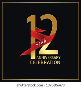 12 year minimalist logo years, jubilee, greeting card. Red and Gold Ribbons on Black Background with Golden Frame for Birthday invitation - Vector  