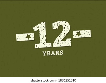 12 years anniversary with badge military, grunge pattern. Army design with star on green camouflage background. Vector perfect for any military labels, posters and armed force etc.