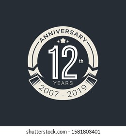 12 Years Anniversary badge with white color on dark background Vector Illustration