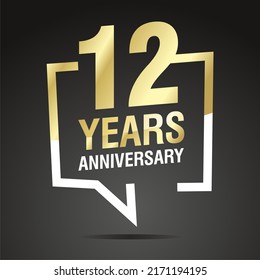 12 Years Anniversary celebrating, gold white speech bubble, logo, icon on black background