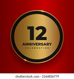 12 years anniversary celebration background. Celebrating 12th anniversary event party poster template. Vector golden circle with numbers and text on red square background. Vector illustration
