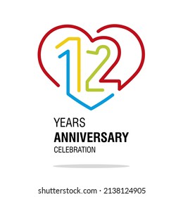 12 years anniversary celebration decoration colorful number bounded by a loving heart modern love line design logo icon white background