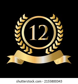 12 years Anniversary Celebration Gold and Black Template. Luxury Style Gold Heraldic Crest Logo Element Vintage Laurel Vector