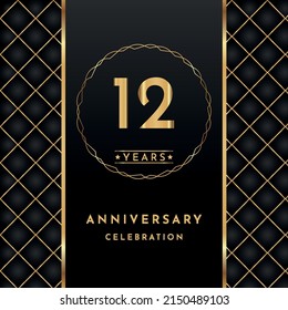 12 years anniversary celebration golden color with circle ring isolated on black background for the anniversary celebration event, wedding, greeting card, birthday party, and Invitation.