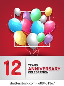 12 years anniversary celebration greeting card. anniversary logo with colorful balloon. Vector design for celebration, party, festival, invitation card, and birthday