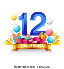 12 Years Anniversary celebration logo, birthday vector illustration, with gift box and balloons, colorful polygonal design.
