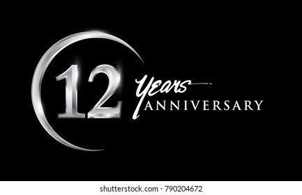 12 years anniversary celebration. Anniversary logo with silver ring elegant design isolated on black background, vector design for celebration, invitation card, and greeting card
