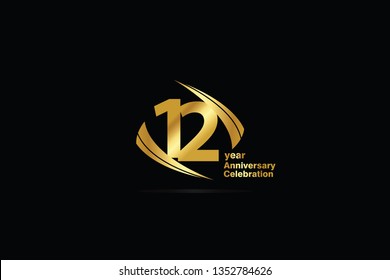 12 years anniversary celebration logotype. anniversary logo with golden Stripes wings on black background, vector design for celebration, invitation and greeting card-Vector