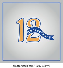 12 Years Anniversary celebration logotype colored with yellow and blue, using blue ribbon and isolated on gray background.