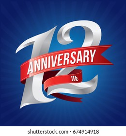 12 years anniversary celebration logotype. 12th silver number with red ribbons on blue background