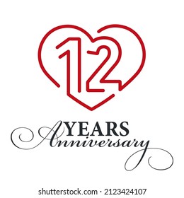 12 Years Anniversary Celebration Number Twelve Bounded By A Loving Heart Red Modern Love Line Design Logo Icon White Background