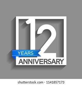 12 years anniversary celebration square style blue ribbon isolated on gray background