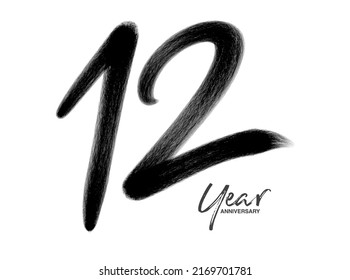 12 Years Anniversary Celebration Vector Template, 12 Years  logo design, 12th birthday, Black Lettering Numbers brush drawing hand drawn sketch, number logo design vector illustration