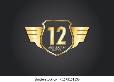 12 years anniversary design logotype 3D golden stylized modern shape winged shield on black background for celebration event