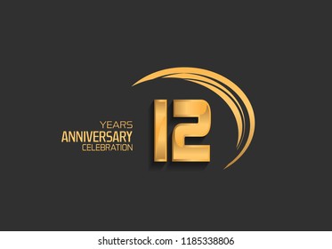 12 years anniversary golden design logotype with swoosh. Vector template for use in celebration company event, greeting card, and invitation card