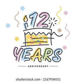 12 Years Anniversary Handwritten Typography Lettering Greeting Card With Colorful Big Cake, Sparkle Firework, Number, Candle And Confetti