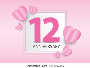 12 Years Anniversary Logo Celebration With heart background. Valentine’s Day Anniversary banner vector template