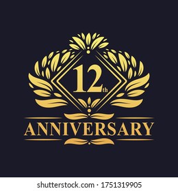 12 years Anniversary Logo, Luxury floral golden 12th anniversary logo.