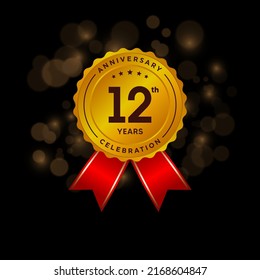 12 years anniversary logo with ribbon, golden Anniversary for booklet, leaflet, magazine, brochure poster, banner, web, invitation or greeting card. Vector illustrations.