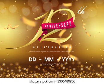 12 years anniversary logo template on gold background. 12th celebrating golden numbers with red ribbon vector and confetti isolated design elements