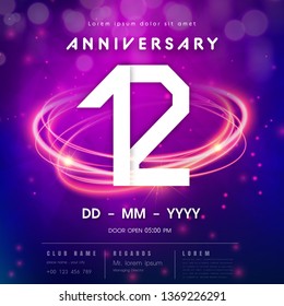 12 years anniversary logo template on purple Abstract futuristic space background. 12th modern technology design celebrating numbers with Hi-tech network digital technology concept design elements.