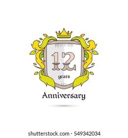 12 Years Anniversary Logo Using Heraldic Theme, Colorful and Isolated on white background
