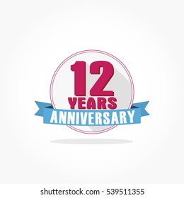 12 years anniversary logo vector on flat design white circle with pink number and pink frame with blue ribbon and shadow effect