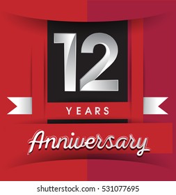 12 years anniversary logo with white ribbon isolated on red background, flat design style, Vector template elements for birthday celebration.