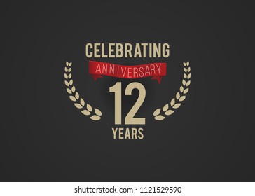 12 Years Anniversary logotype with golden colored font numbers, with ribbon and laurel, isolated on black background for company celebration event, birthday