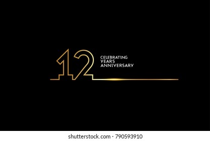 12 Years Anniversary logotype with golden colored font numbers made of one connected line, isolated on black background for company celebration event, birthday