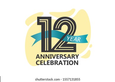 12 years anniversary, minimalist logo. 12 years jubilee, greeting card. Birthday invitation. year sign. Blue Ribbon space vector illustration on white background - Vector